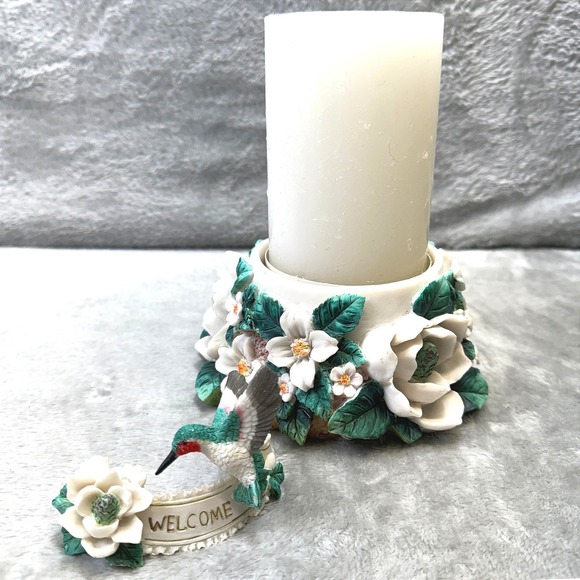Hummingbird Floral Pillar Candle Holder Set Welcome Spring Decor Cottagecore VTG - Picture 7 of 9